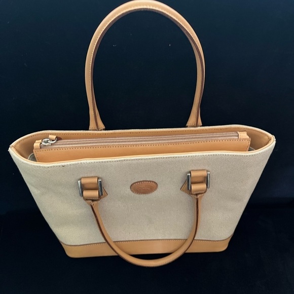 Cristian Italian Hand Bag Cream Textured Fabric with Tan Leather Trim Purse - Picture 1 of 12
